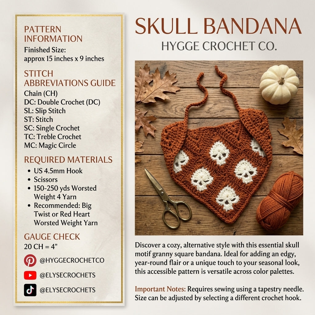 Goth Skull Granny Square Bandana | Crochet Pattern PDF