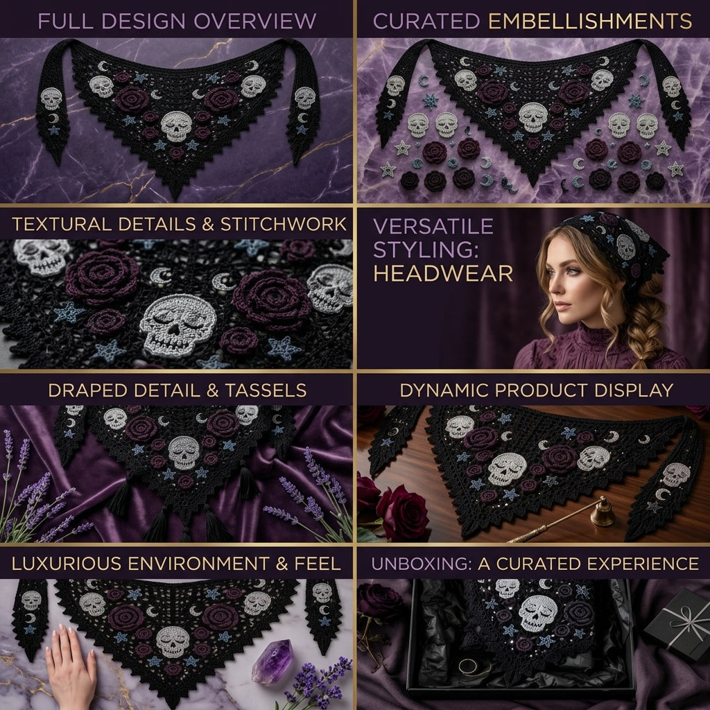 Moonlit Skull Rose Hair Scarf | Goth Crochet Pattern PDF