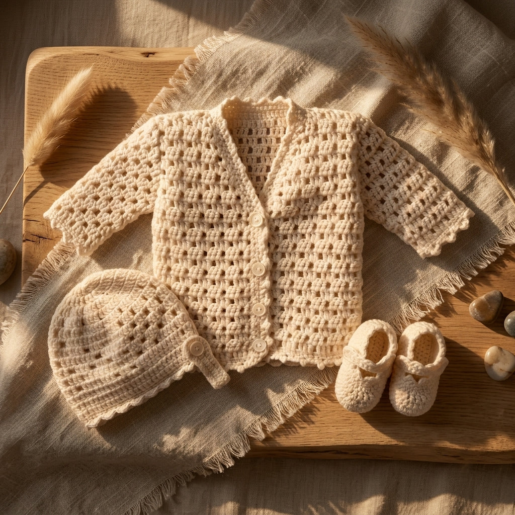 Cardigan Bonnet Booties Baby Cardigan | Crochet Pattern PDF