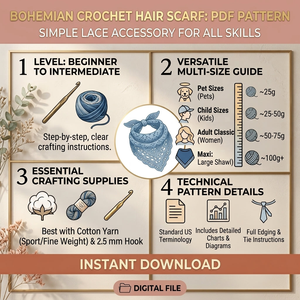 Boho Lace Hair Scarf | Beginner Crochet Pattern PDF
