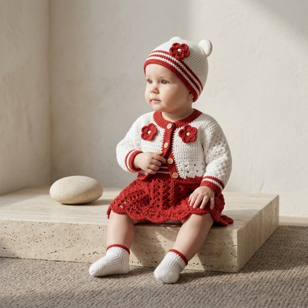 Set Red White Baby Cardigan | Crochet Pattern PDF