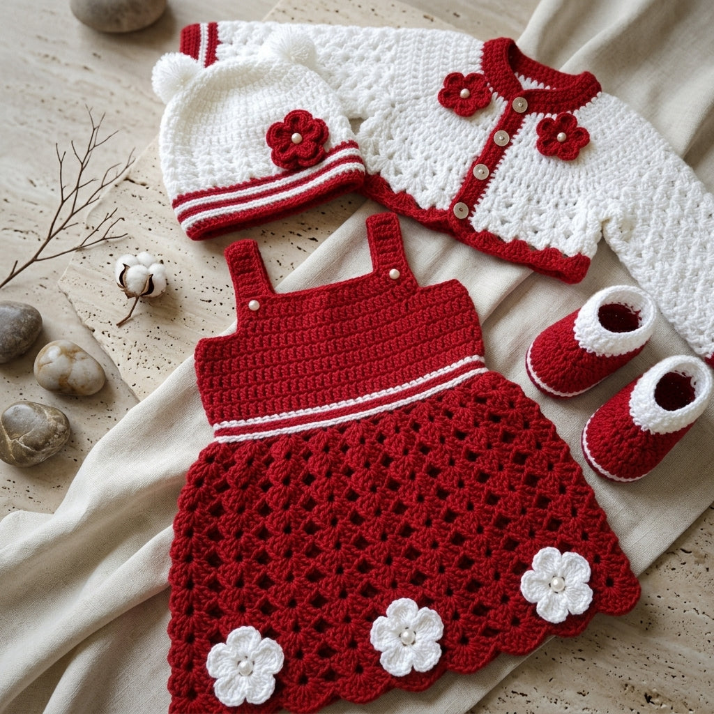 Set Red White Baby Cardigan | Crochet Pattern PDF