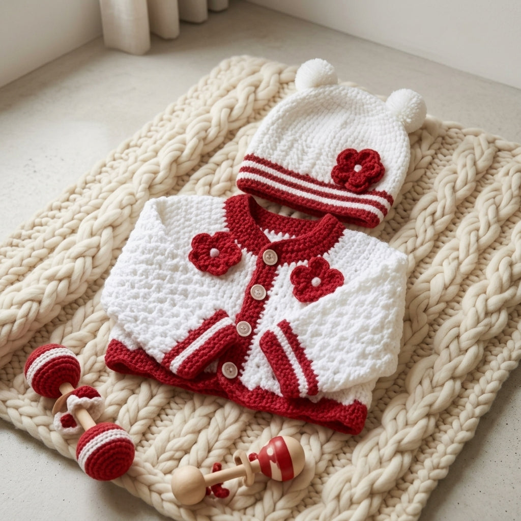 Set Red White Baby Cardigan | Crochet Pattern PDF
