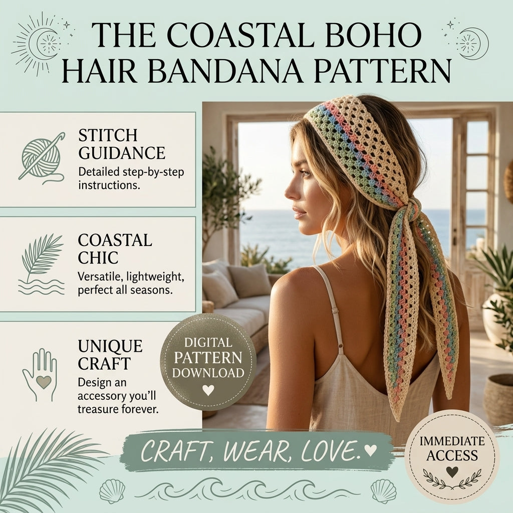 Coastal Boho Hair Bandana | Beginner Crochet Pattern PDF