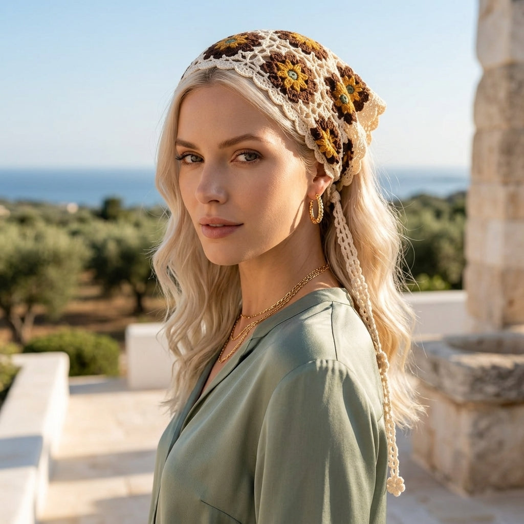 Sunflower Granny Square Head Scarf | Crochet Pattern PDF