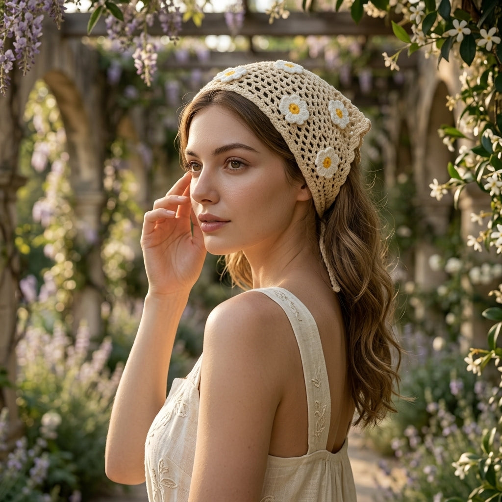 Beige Daisy Boho Hair Scarf | Beginner Crochet Pattern PDF