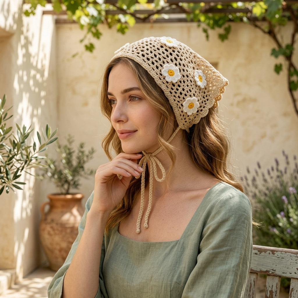 Beige Daisy Boho Hair Scarf | Beginner Crochet Pattern PDF