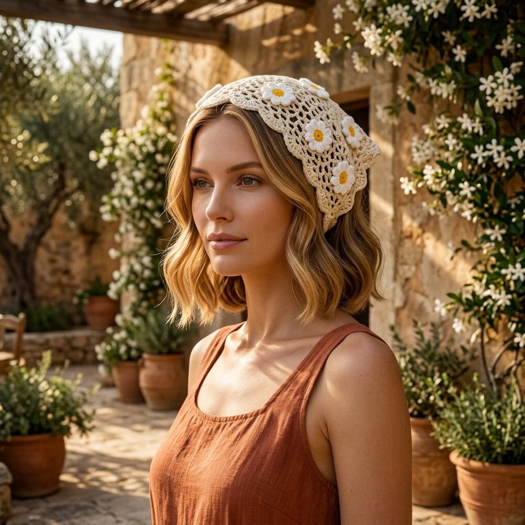 Beige Daisy Boho Hair Scarf | Beginner Crochet Pattern PDF