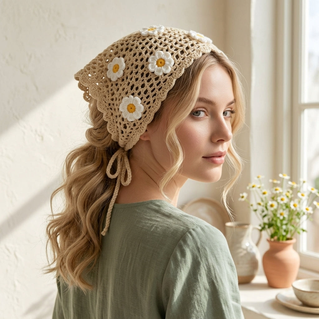 Beige Daisy Boho Hair Scarf | Beginner Crochet Pattern PDF