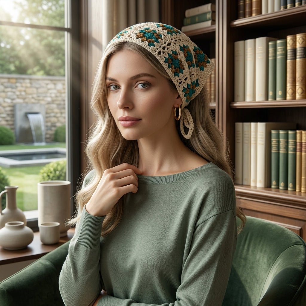 Granny Square Floral Head Scarf | Crochet Pattern PDF
