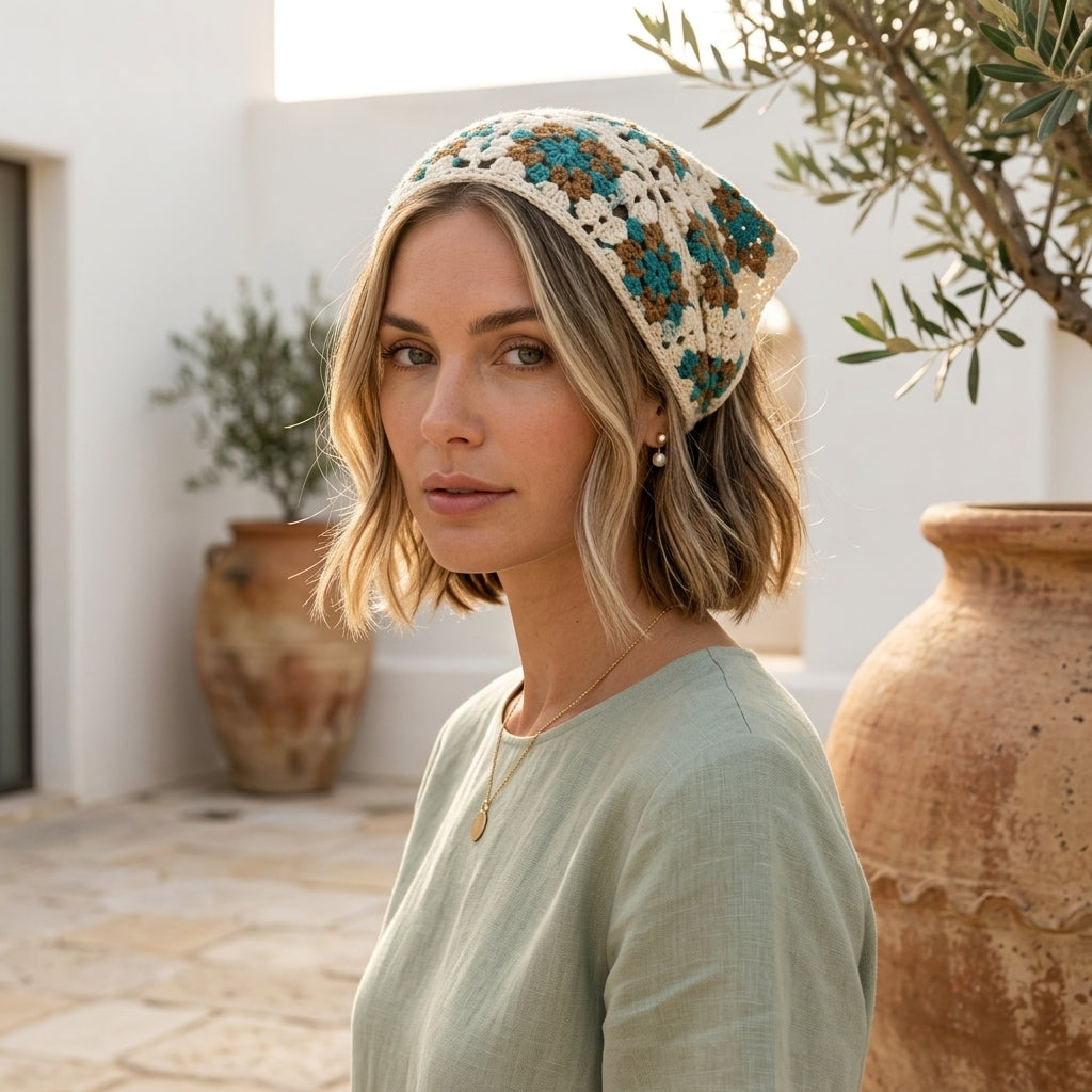 Granny Square Floral Head Scarf | Crochet Pattern PDF