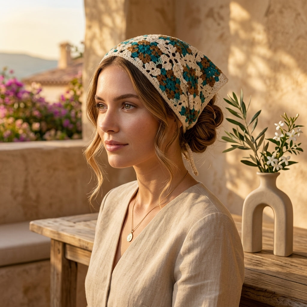 Granny Square Floral Head Scarf | Crochet Pattern PDF