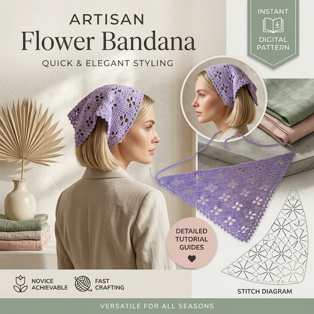 Trendy Floral Boho Hair Scarf | Crochet Pattern PDF
