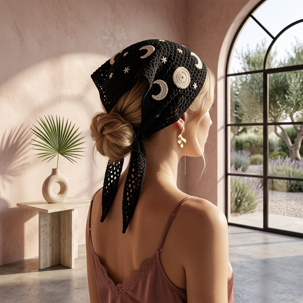 Celestial Moon Phase Boho Head Scarf | Crochet Pattern PDF
