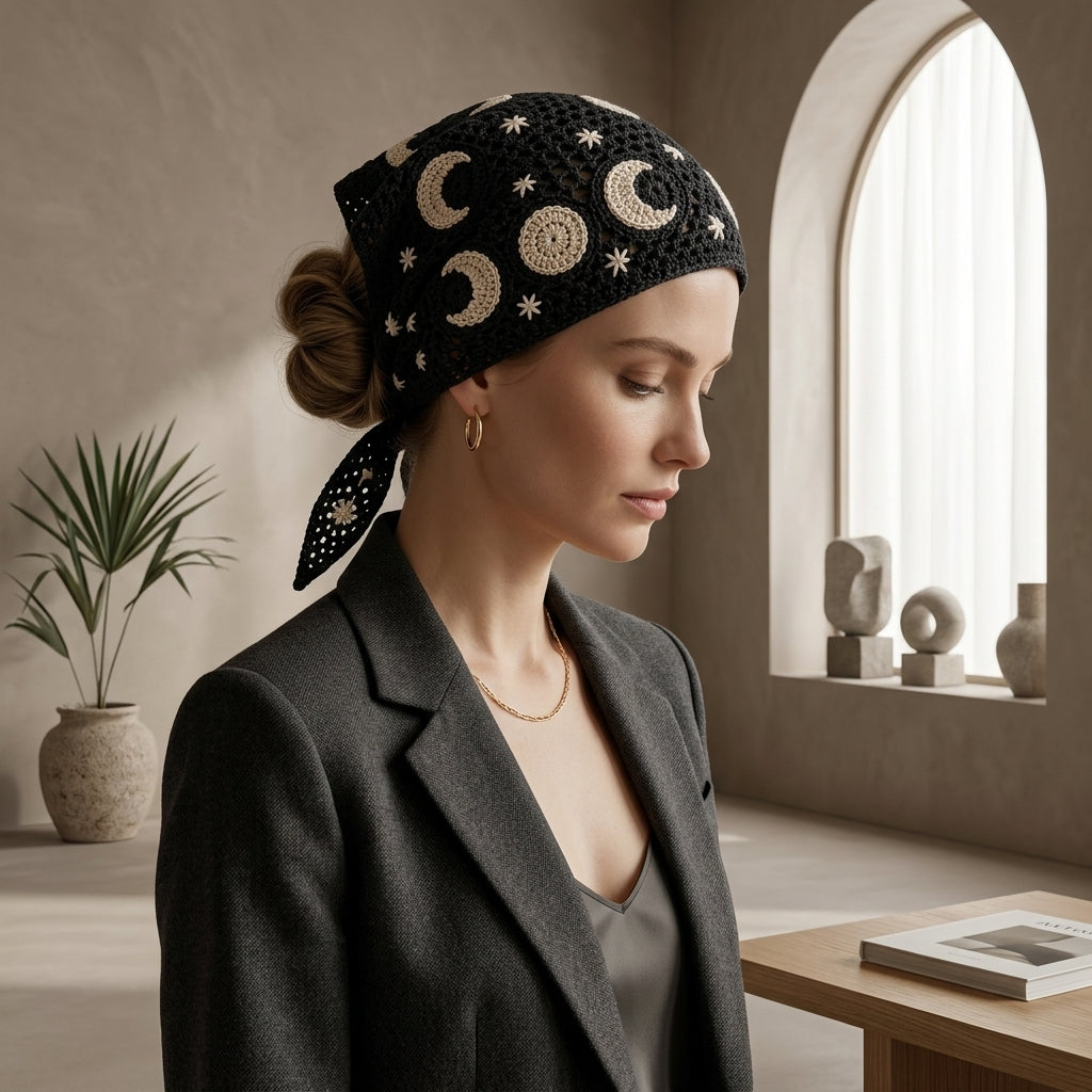 Celestial Moon Phase Boho Head Scarf | Crochet Pattern PDF