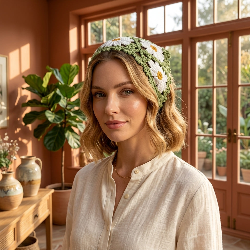 Daisy Cottagecore Hair Kerchief | Crochet Pattern PDF
