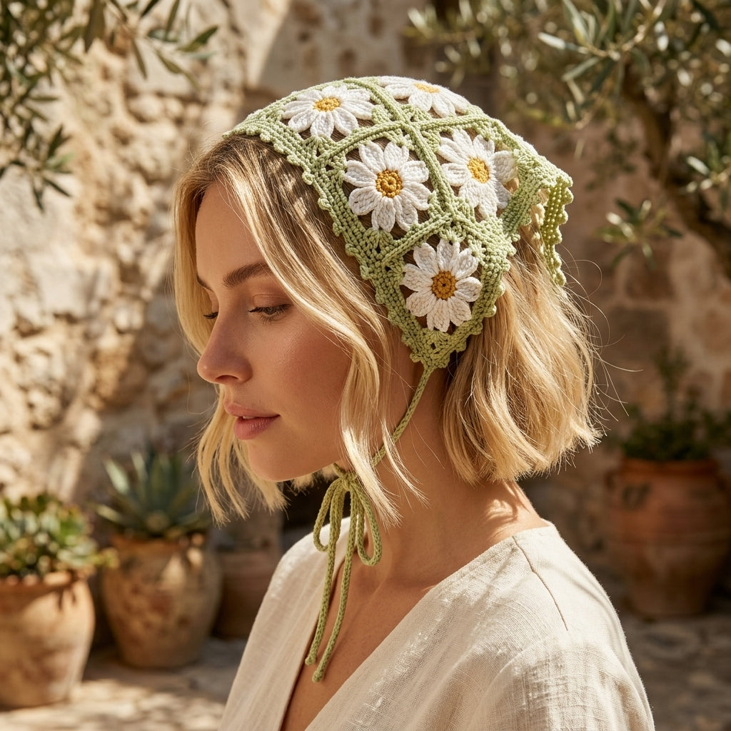 Daisy Cottagecore Hair Kerchief | Crochet Pattern PDF
