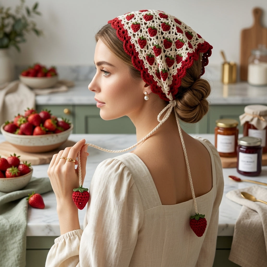 Strawberry Cottagecore Head Scarf | Crochet Pattern PDF