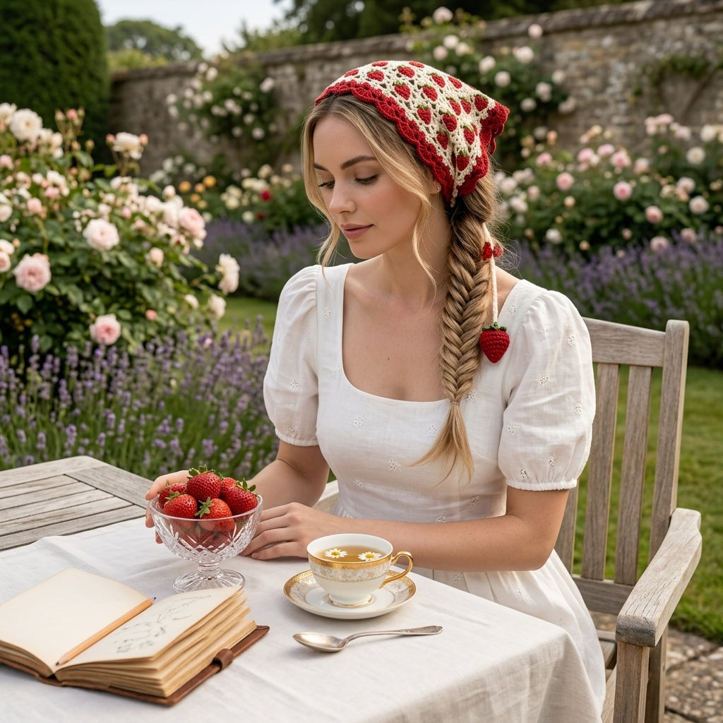 Strawberry Cottagecore Head Scarf | Crochet Pattern PDF