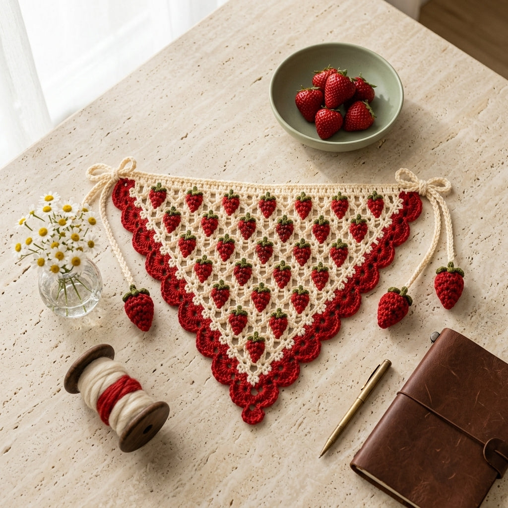 Strawberry Cottagecore Head Scarf | Crochet Pattern PDF