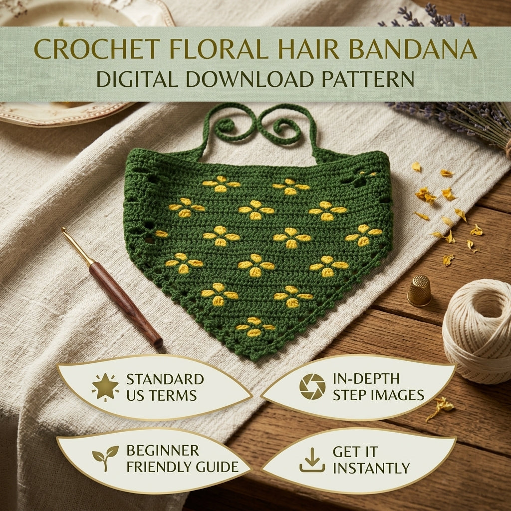 DIY Flower Motif Hair Scarf | Beginner Crochet Pattern PDF
