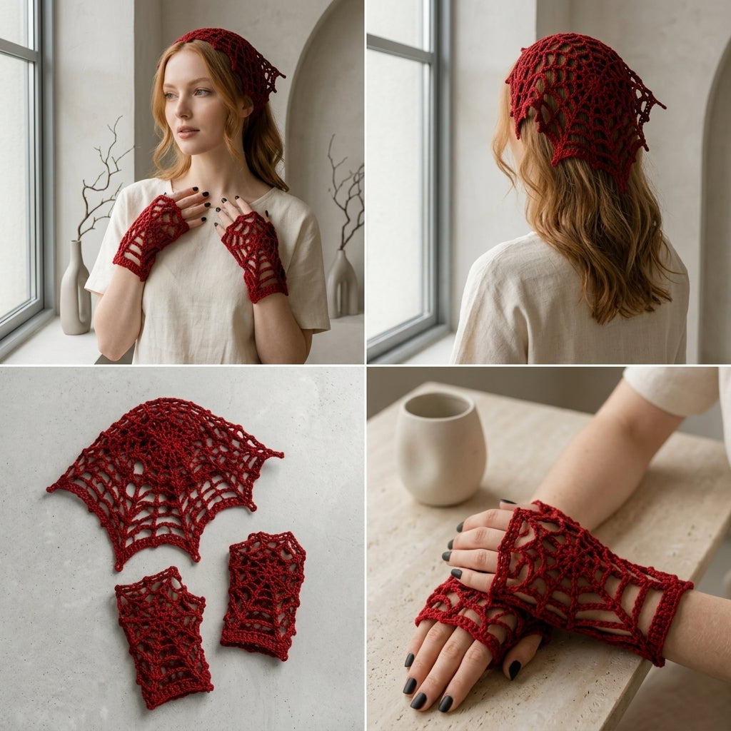 Halloween Spider Web Bandana & Gloves | Crochet Pattern PDF