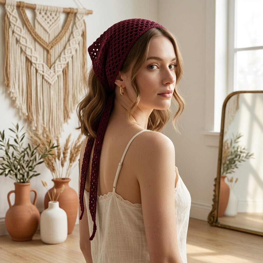 Maroon Mesh Boho Hair Scarf | Beginner Crochet Pattern PDF