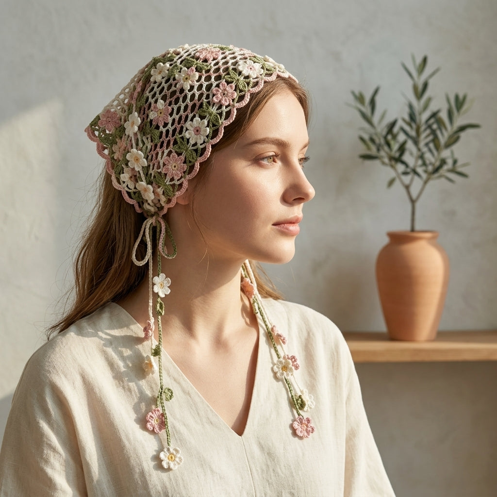 Fairy Garden Floral Lace Headscarf | Crochet Pattern PDF