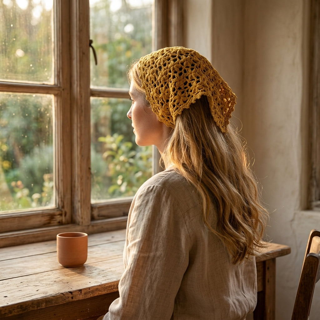 Flower Motif Lace Headscarf | Crochet Pattern PDF