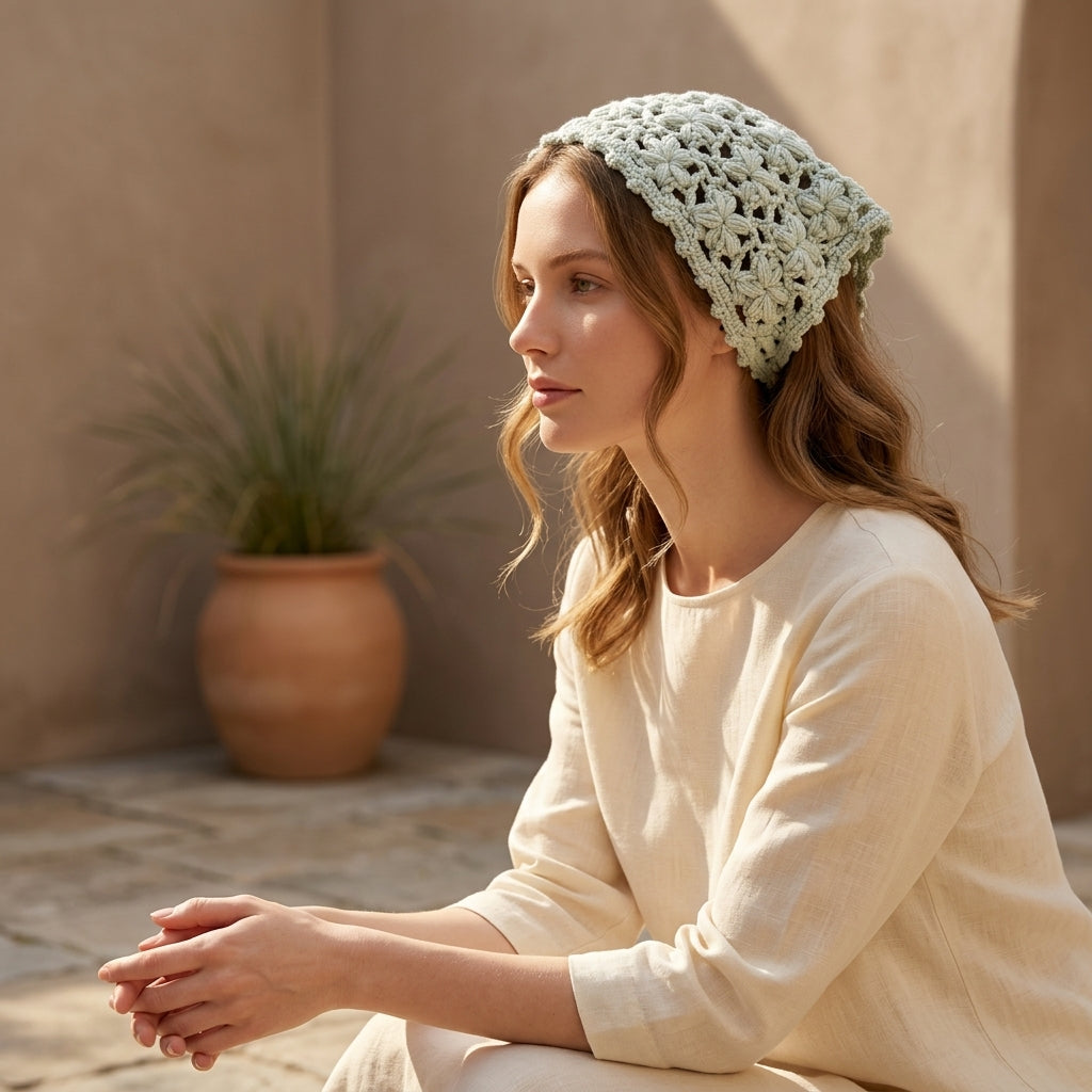 Flower Motif Lace Headscarf | Crochet Pattern PDF
