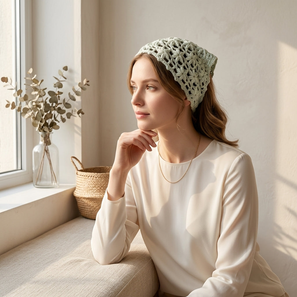 Flower Motif Lace Headscarf | Crochet Pattern PDF