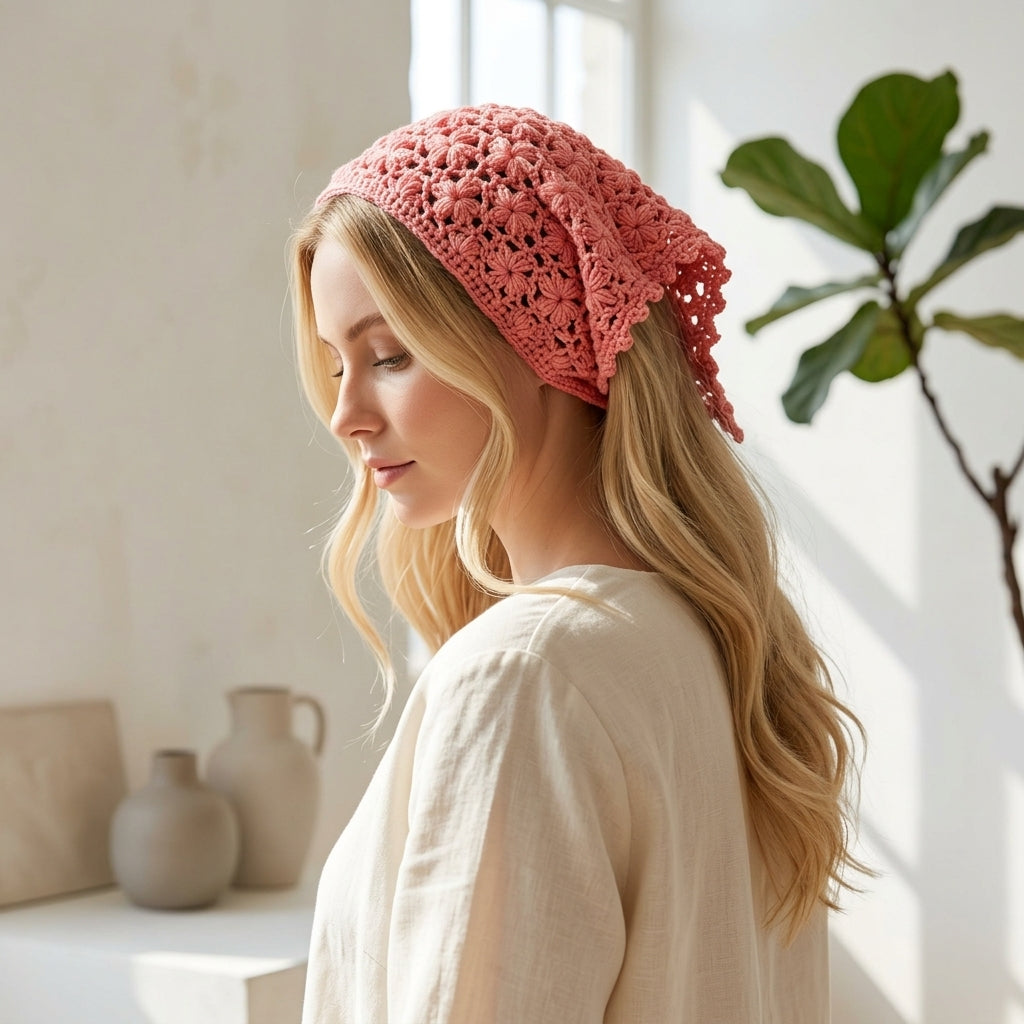 Flower Motif Lace Headscarf | Crochet Pattern PDF
