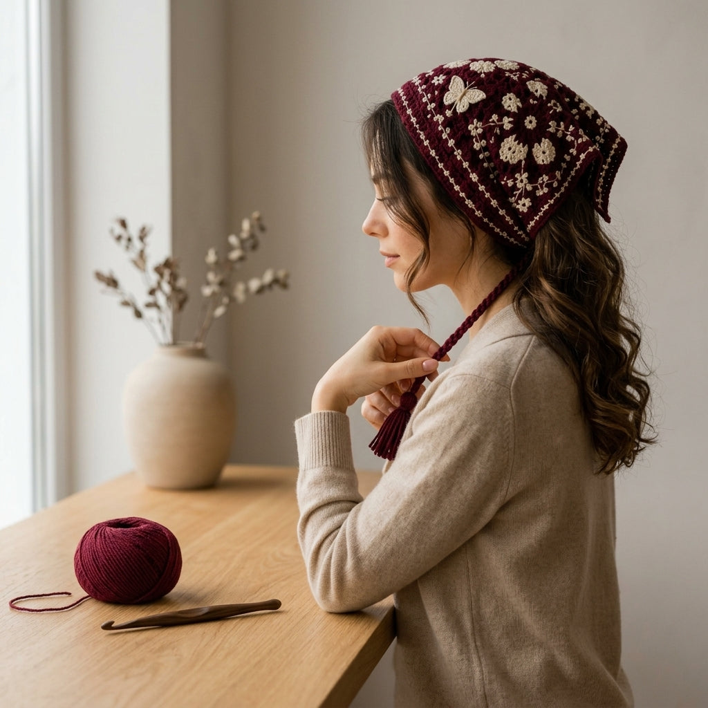 Burgundy Floral Butterfly Kerchief | Crochet Pattern PDF