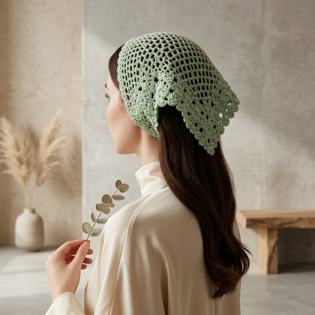 Floral Mesh Lace Headscarf | Crochet Pattern PDF