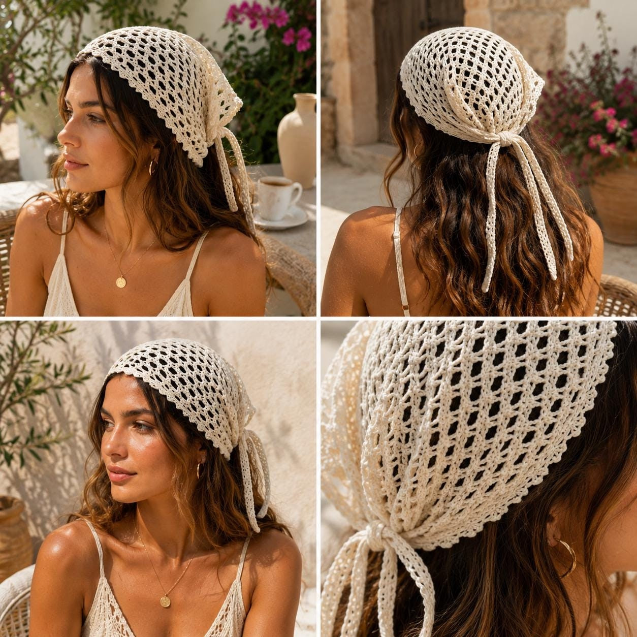Coastal Bloom Diamond Mesh Headscarf | Crochet Pattern PDF