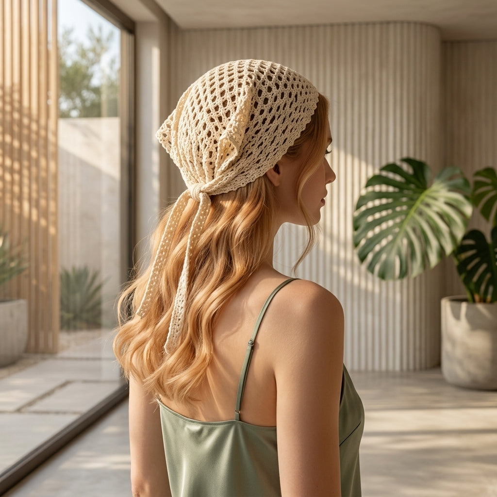 Coastal Bloom Diamond Mesh Headscarf | Crochet Pattern PDF