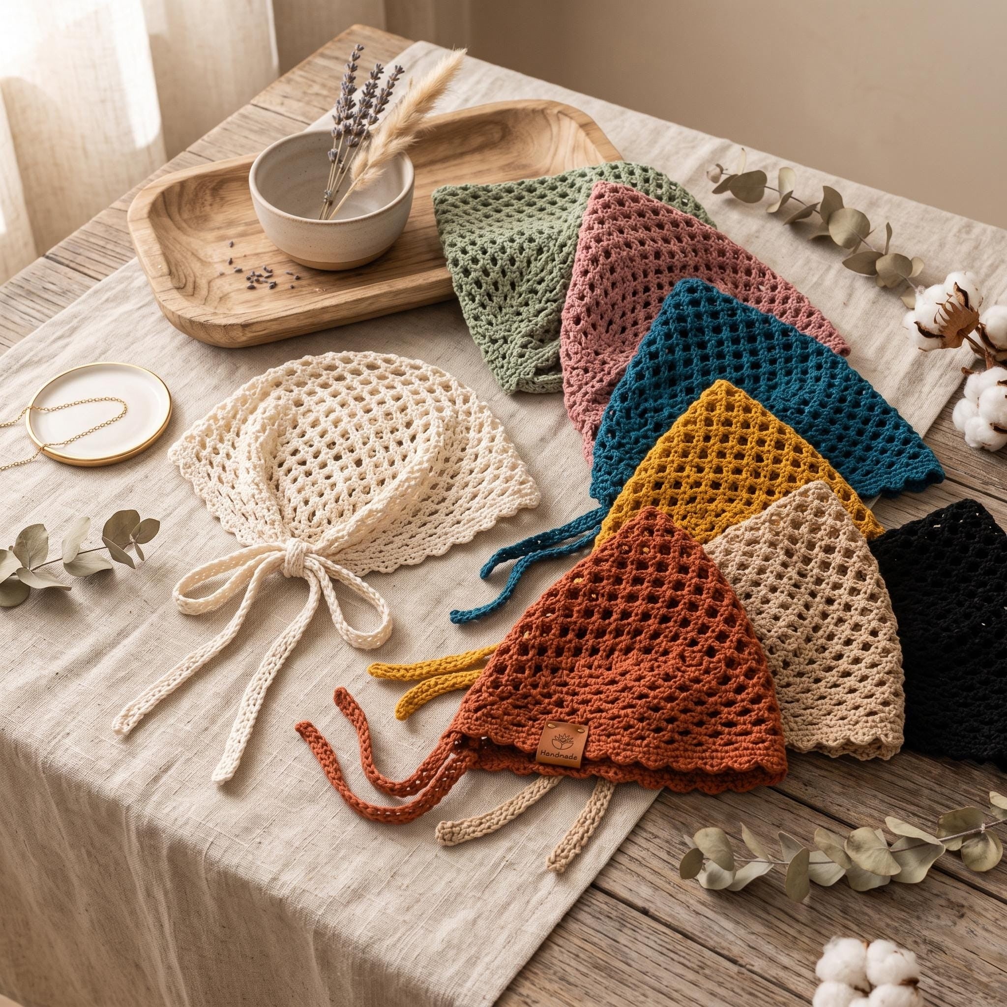 Coastal Bloom Diamond Mesh Headscarf | Crochet Pattern PDF