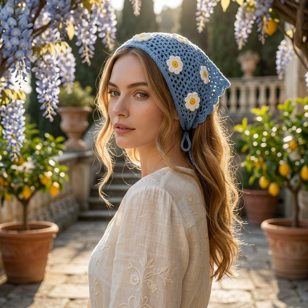 Retro 70s Daisy Hair Scarf | Crochet Pattern PDF