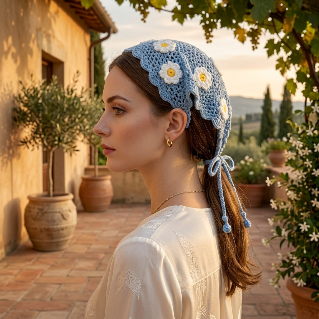 Retro 70s Daisy Hair Scarf | Crochet Pattern PDF